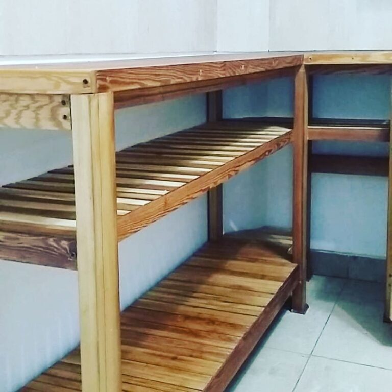 Mueble de cocina bajo mesada y alacena con estantes.
